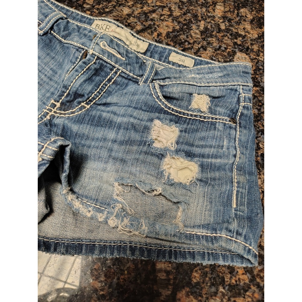 BKE Stella Medium Wash Distressed Denim Shorts Womens 28 Low Rise Blue - Picture 3 of 8